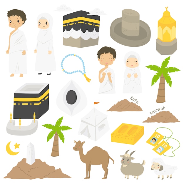 Hajj musulmán y umrah, ilustración de personajes y puntos de referencia Vector Premium