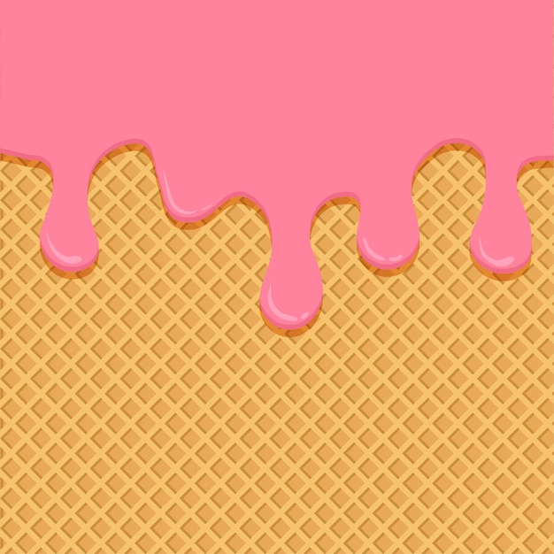 Helado derretido fondo textura de cono de galleta líquido rosa en oblea