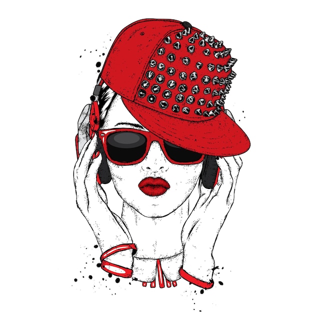 Hermosa Chica Con Una Elegante Gorra Y Gafas Vector Premium