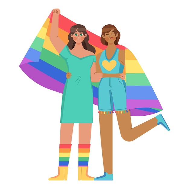 Hermosa Pareja De Lesbianas Con Bandera Lgbt Ilustrada Vector Gratis