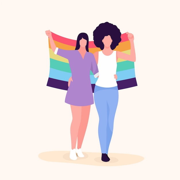 Hermosa Pareja De Lesbianas Con Bandera Lgbt Ilustrada Vector Gratis