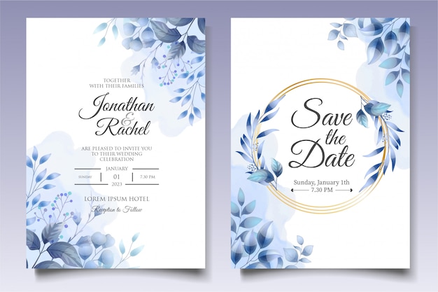 Hermosa Plantilla De Invitación De Boda Floral En Azul Clásico Vector Premium 0105