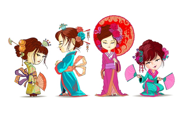 Hermosas Chicas Japonesas Se Ponen De Pie Y Se Sientan En Kimono Joven Geisha Con Paraguas Abanicos Japoneses Antiguo Kimono Tradicional Maquillaje Maiko Peinado Timido Japones Ilustracion Aislada Vector Premium