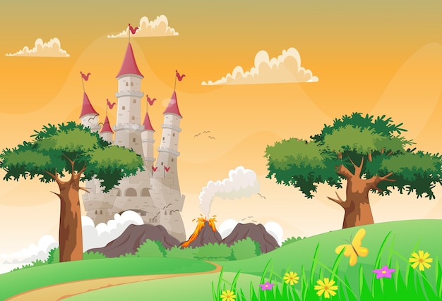 Hermoso Paisaje Con Castillo De Cuento De Hadas Vector Premium 