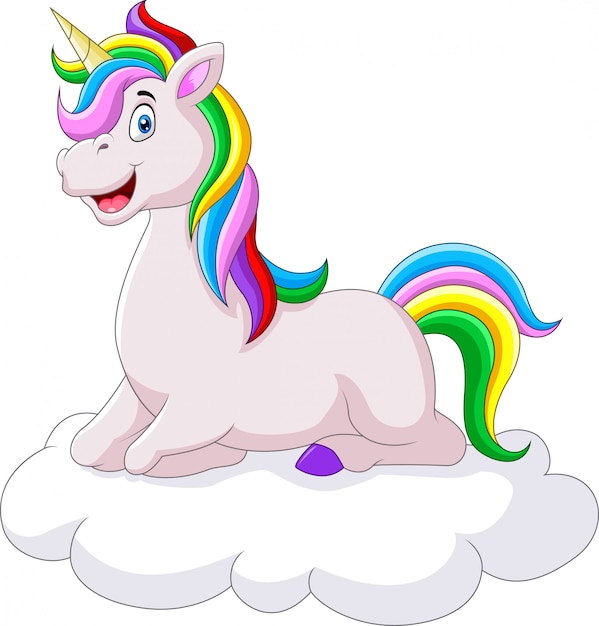 Hermoso Unicornio De Dibujos Animados En Una Nube Vector Premium