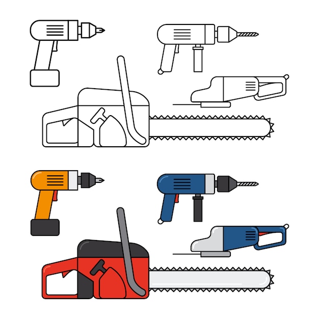 Herramientas Electricas Para Reparaciones En El Hogar Conjunto De Iconos De Linea De Motosierra Taladro Y Sierra De Calar Vector Premium