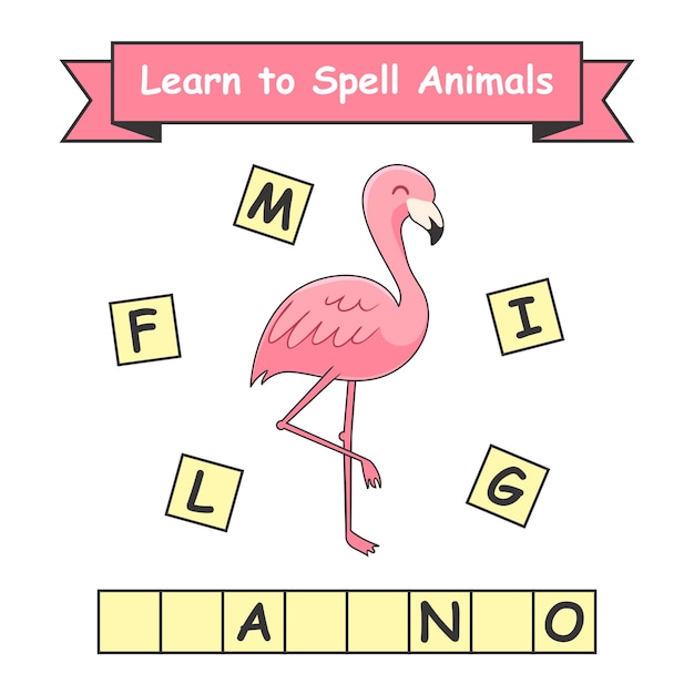 hoja-de-trabajo-de-flamingo-learn-to-spell-animals-vector-premium