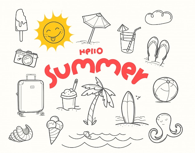 Hola elementos de doodle de verano con inscripción de letras Vector Premium