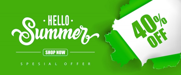 Hola verano compra ahora oferta especial cuarenta por ciento de descuento en letras. vector gratuito