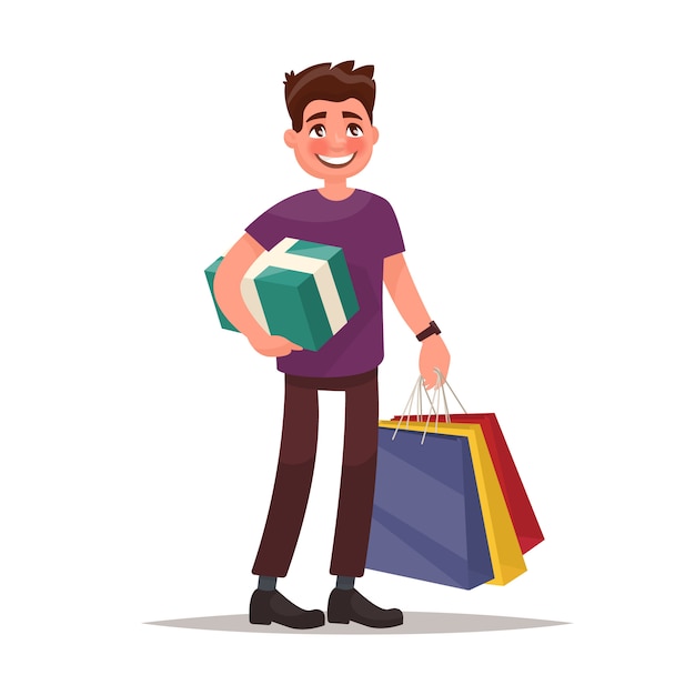 El Hombre Está De Compras Hombre Con Bolsas Y Caja De Regalo Ilustración Vector Premium 0177