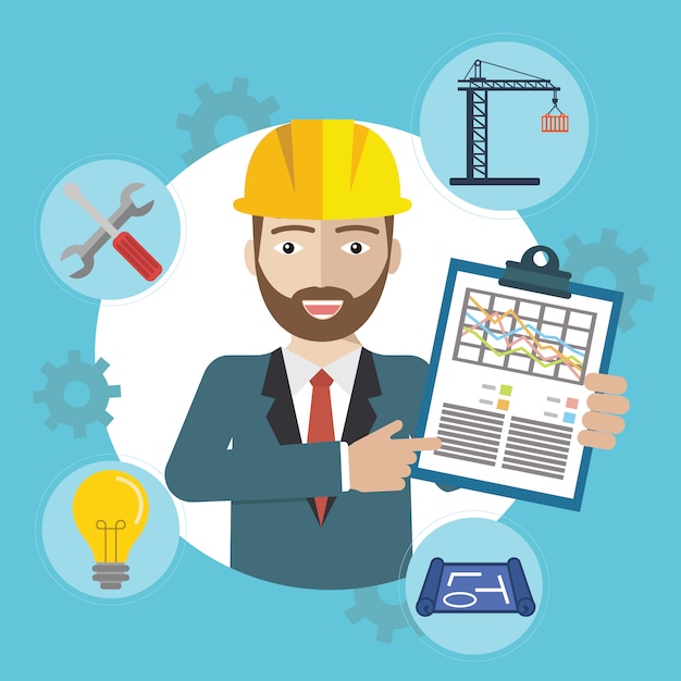 Hombre en sitio de construcción con iconos Vector Gratis