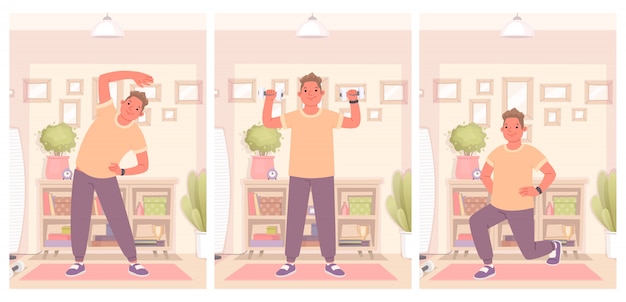 El hombre feliz se dedica a la aptitud y hace ejercicios en casa. mantener un estilo de vida saludable y activo en cuarentena. ilustración vectorial en un estilo plano Vector Premium