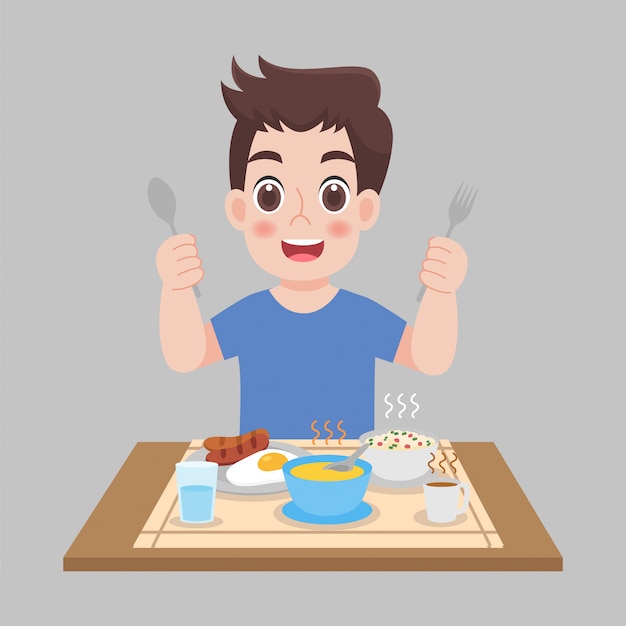 Hombre listo para comer alimentos calientes, salchichas, huevo frito, sopa.  concepto de salud de dibujos animados. | Vector Premium