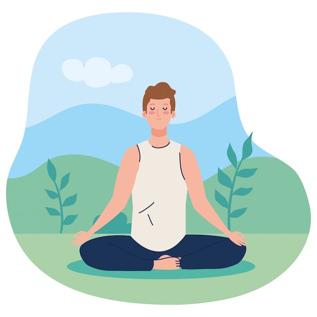 Hombre meditando concepto de yoga meditación relax estilo de vida saludable en el paisaje
