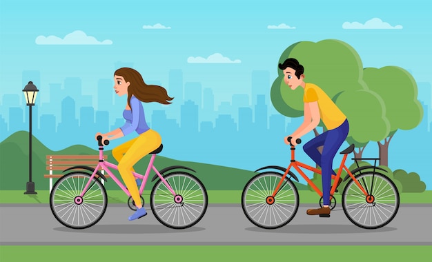 Hombre y mujer de dibujos animados en bicicleta en el parque urbano de la ciudad Vector Premium