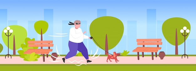 Hombre Obeso Gordo Trotar Con Perro Gordo De Gran Tamano Corriendo Concepto De Perdida De Peso Al Aire Libre Parque Urbano Paisaje Urbano Fondo Horizontal Longitud Completa Vector Premium