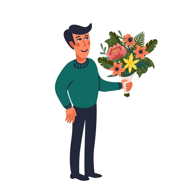 Hombre que sostiene el ramo de flores ilustración de vector de estilo