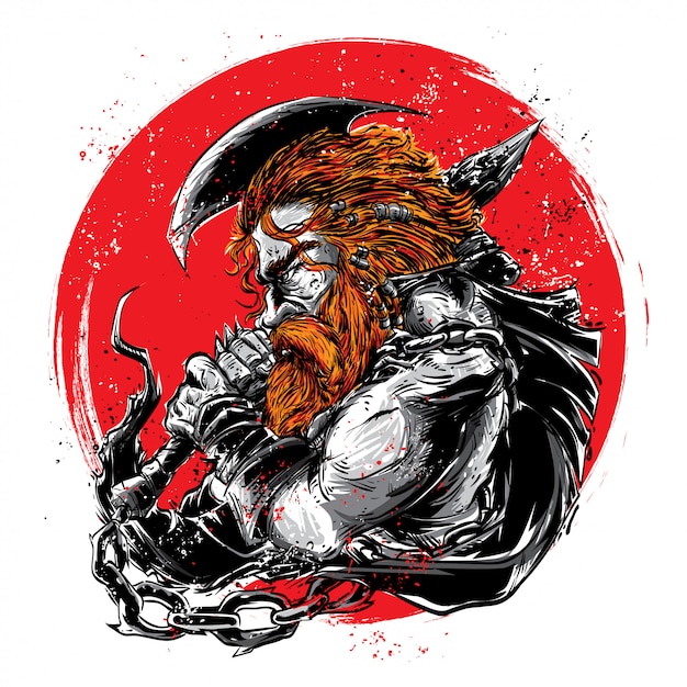 Hombre vikingo con luna roja. Vector Premium