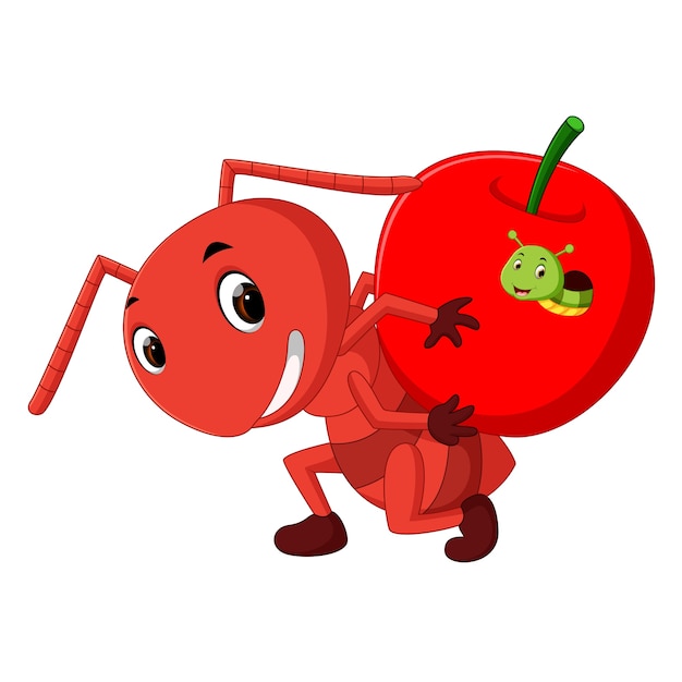 Hormigas De Dibujos Animados Con Manzana Y Oruga Dentro Vector Premium