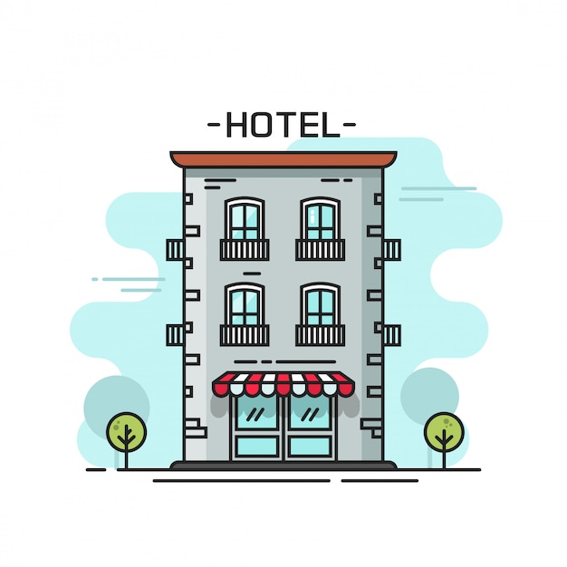 Hotel edificio vector ilustración línea contorno arte Vector Premium