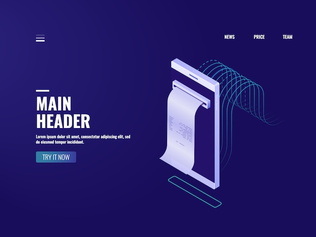 Icono de banco en línea, factura electrónica y concepto de impuestos, orden de compra, mensaje sms con pago vector gratuito