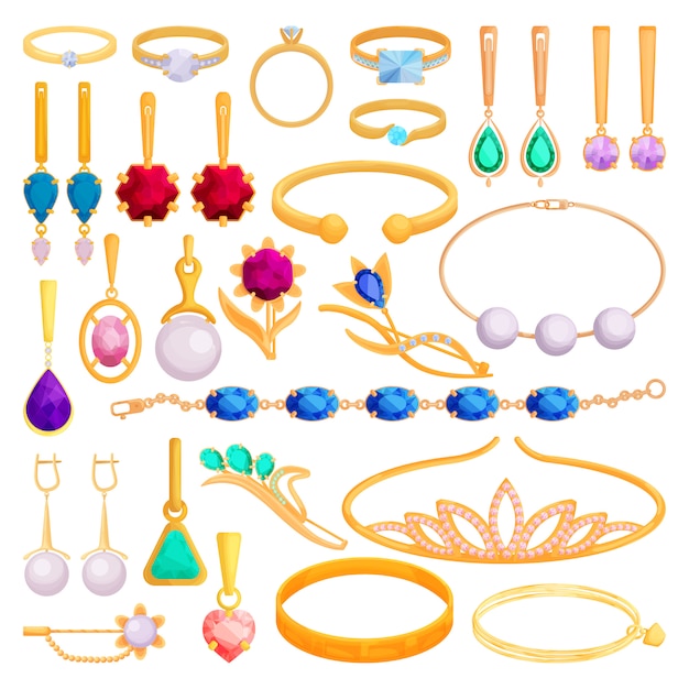 Icono De Conjunto De Dibujos Animados De Joyas De Oro Vector Premium