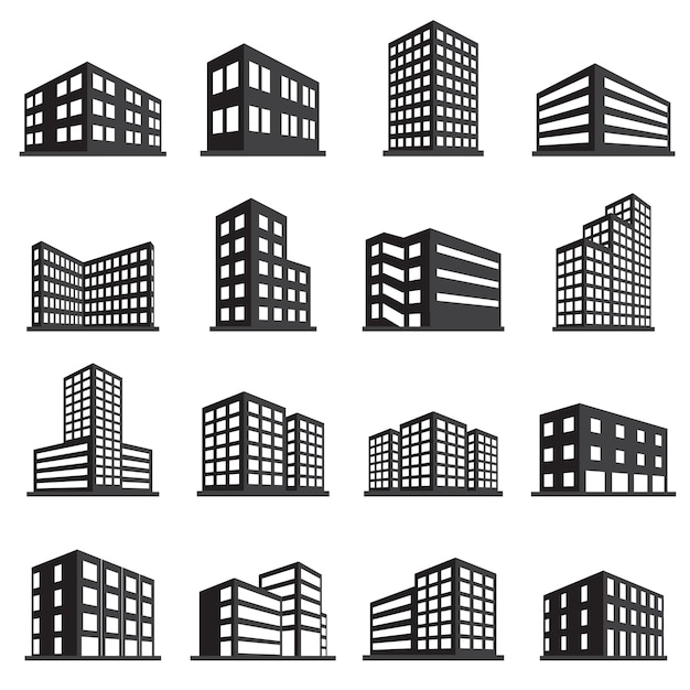 Icono De Edificios Y Conjunto De Iconos De Oficina | Vector Premium