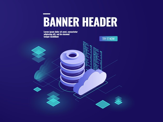 Icono isométrico de base de datos y procesamiento de datos, almacenamiento en la nube del centro de datos, tecnología de sala de servidores vector gratuito