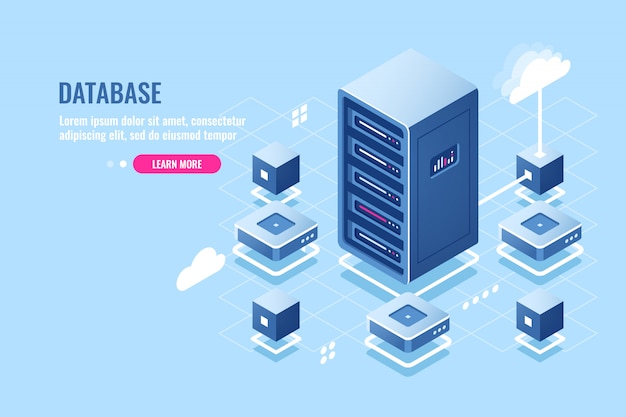 Icono isométrico de la sala de servidores, conexión a la base de datos, transferencia de datos en el almacenamiento remoto en la nube, rack de servidores, vector gratuito