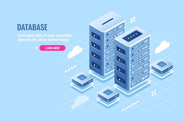 Icono de sala de servidores, alojamiento de sitios web, almacenamiento en la nube, base de datos y centro de datos vector gratuito