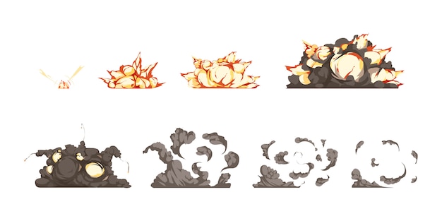 Los iconos de animación del proceso de explosión de una bomba establecen desde la detonación hasta el calor y las ondas de choque. vector gratuito
