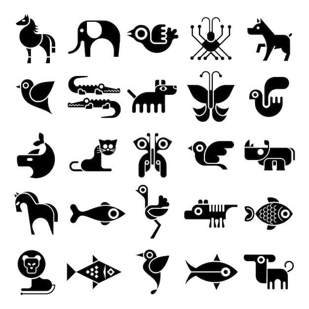 Iconos de animales en blanco y negro | Vector Premium