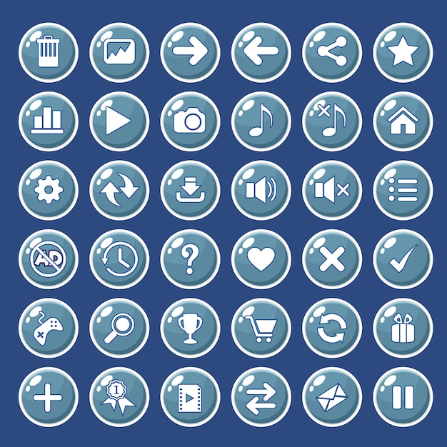 Iconos de botones gui establecidos para interfaces de juego de color azul. Vector Premium