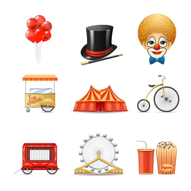 Los iconos decorativos del circo fijaron con la bici realista de la tienda de la carpa del payaso aislada vector gratuito