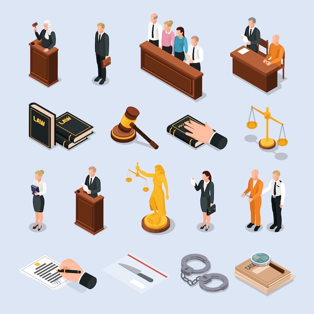 Los Iconos Isométricos De Accesorios De Personajes De La Corte De Justicia De Ley Con Mano De 8021