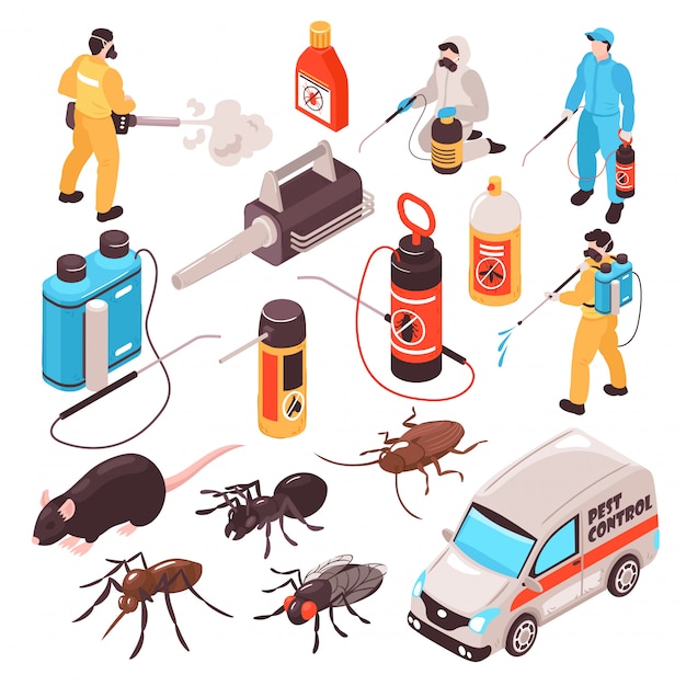 Iconos Isometricos Del Servicio De Desinfeccion De Control De Plagas Con Equipo De Equipo De Exterminadores Profesionales De Cucarachas De Rata Hormiga Vector Gratis