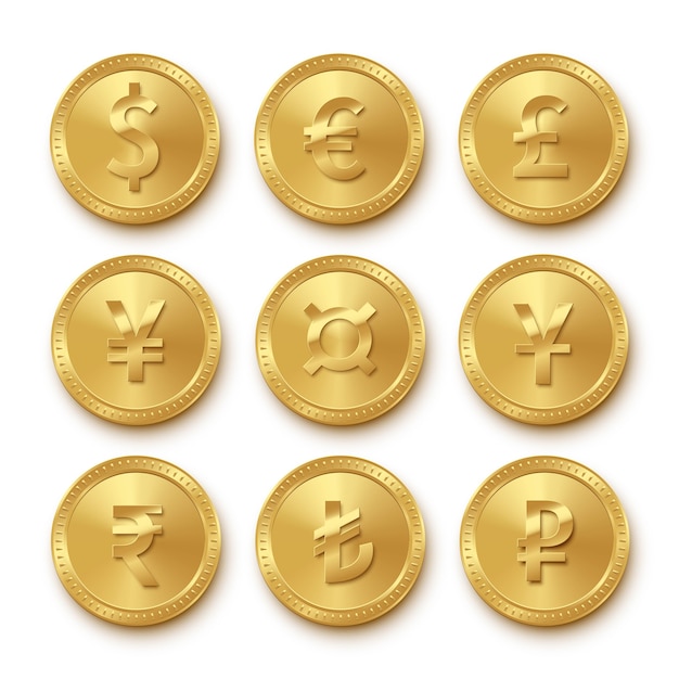 Iconos De Monedas De Oro Con Diferentes Monedas Simbolos De Coleccion De Dolar Euro Libra Esterlina Yen Yuan Rupia Lira Turca Rublo Signos De Dinero Realistas Aislados Vector Premium