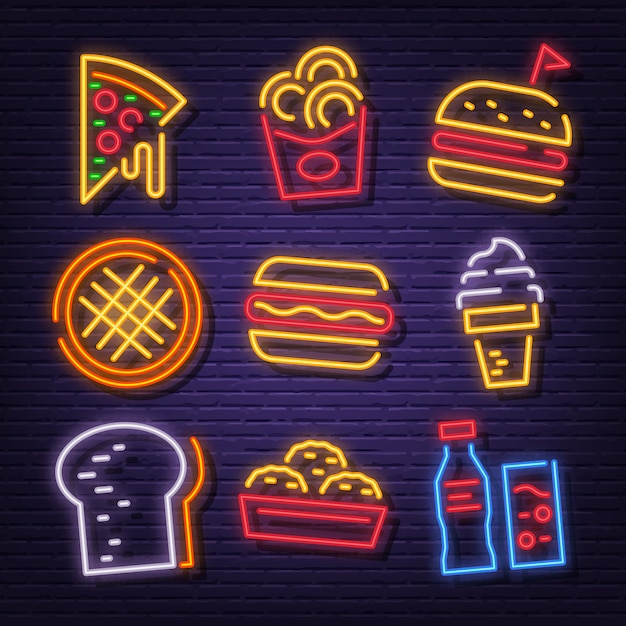 Iconos de neón de comida rápida | Vector Premium