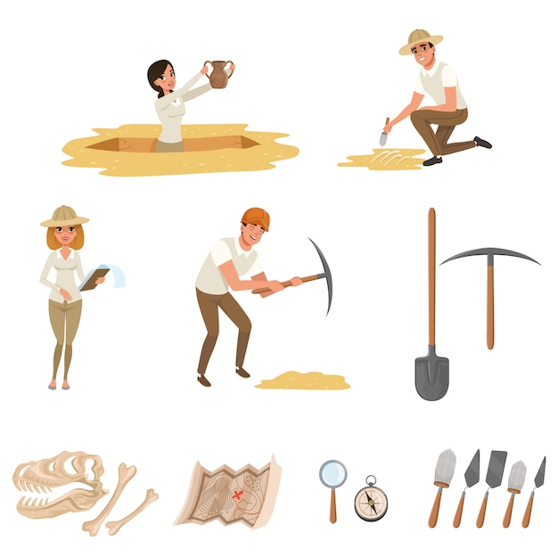 Iconos Planos De Dibujos Animados Con Herramientas Para Excavaciones Arqueologicas Esqueleto De Dinosaurio Y Arqueologos En Proceso De Trabajo Vector Premium