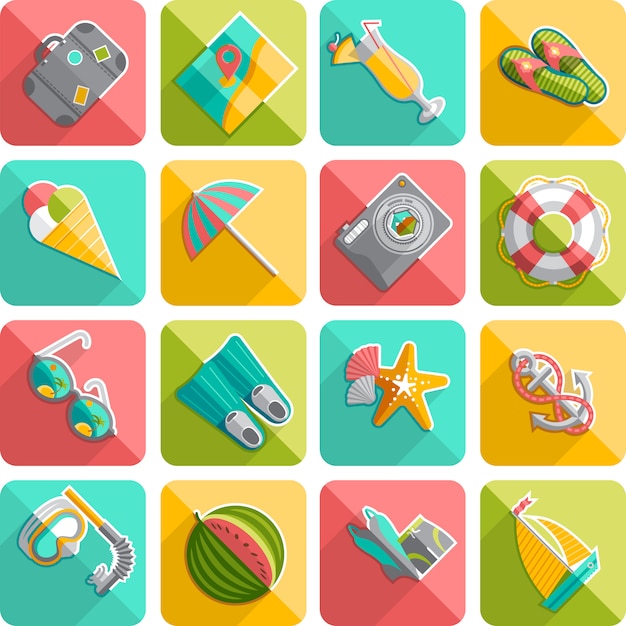 Los iconos planos del viaje de las vacaciones de verano fijaron con la ilustración inclinada diagonal de la sombra de las gafas de sol diagonales de la playa del vector aislado abstracto vector gratuito