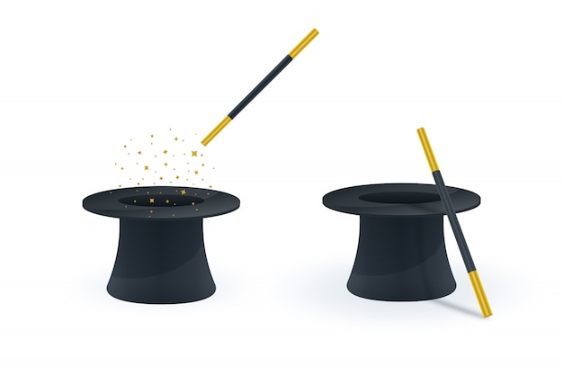 Iconos de varita mágica y sombrero Vector Premium