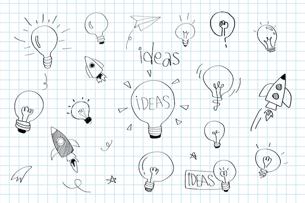 Las ideas de creatividad bombillas doodle colección vector vector gratuito