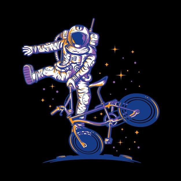 Ilustración de astronautas jugando bicicleta en la luna Vector Premium