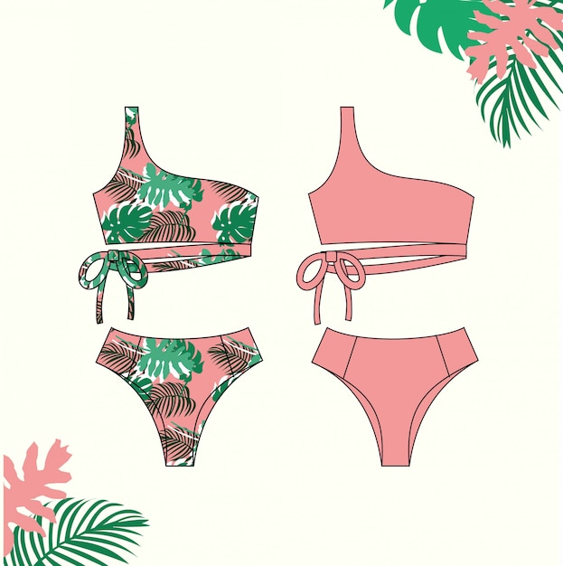 Ilustración de bikini de mujer traje de baño bikini rosa para verano plantilla de boceto plano