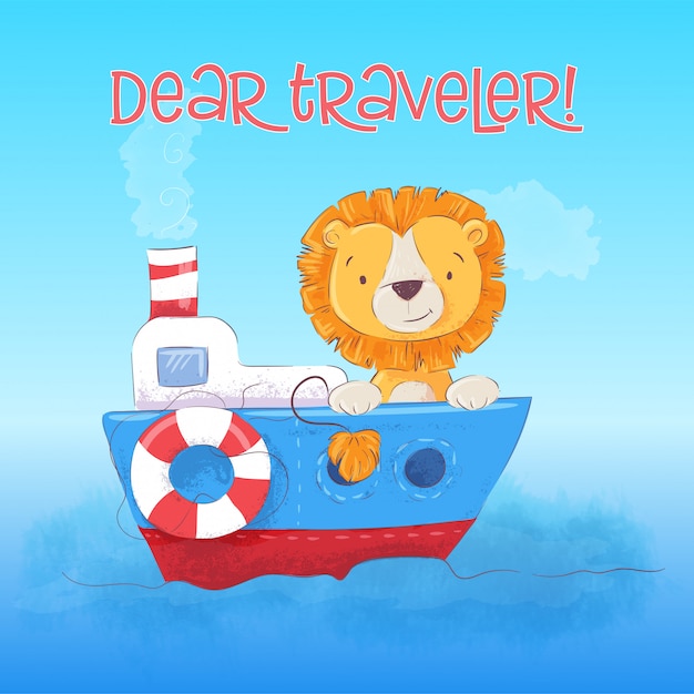 La ilustración del cachorro de león lindo flota en el barco. estilo de dibujos animados vector Vector Premium