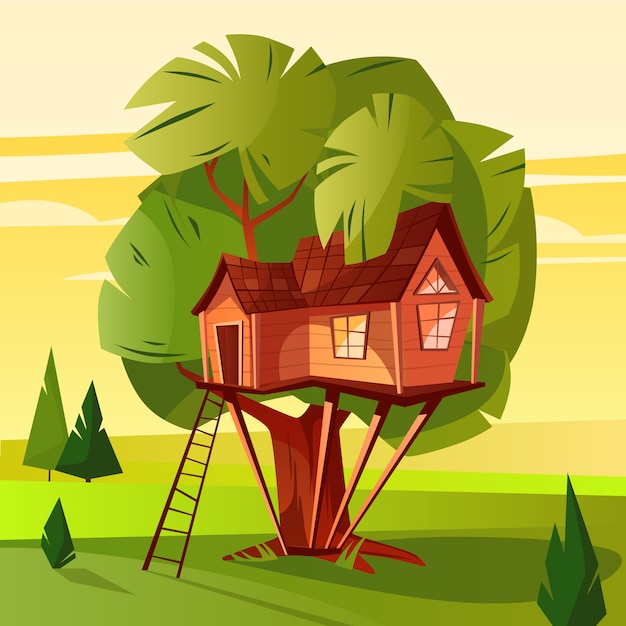 Vector Gratis Ilustracion De La Casa Del Arbol De La Cabana De Madera Con Escalera Y Ventanas En El Bosque