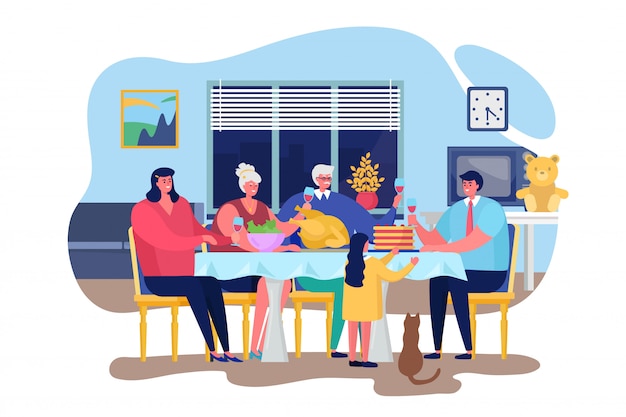 Ilustración De La Cena Familiar Gente Feliz De Dibujos Animados Cenando Juntos En La Sala 
