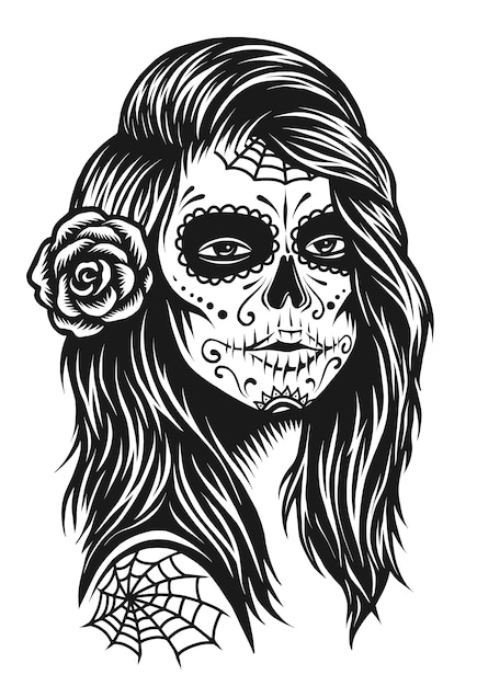 Ilustración de chica calavera en blanco y negro con rosa ...