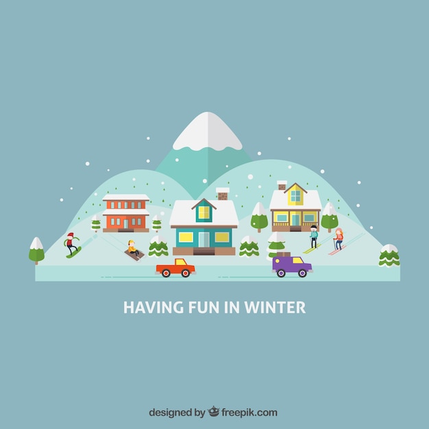 Ilustración De Ciudad Con Bonitas Montañas Nevadas En Diseño Plano Vector Gratis 2436