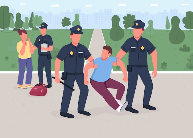 Ilustración De Color Plano De Arresto De Ladrón El Policía Atrapó A Un Ladrón Mujer Víctima 9534